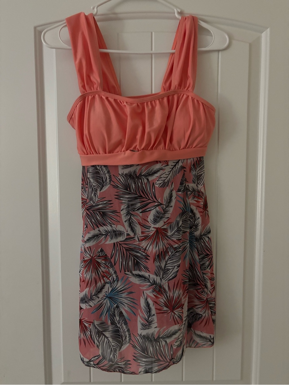 Women’s Coral Pink Tropical Print Swim Dress (sheer) bathing suit top. Fits m/l